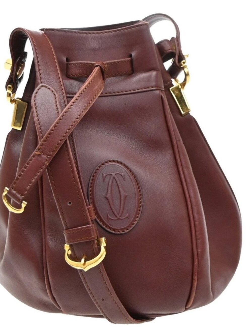 MUST DE CARTIER 2C Logo Drawstring Shoulder Bag Leather Red Gold 65SA226